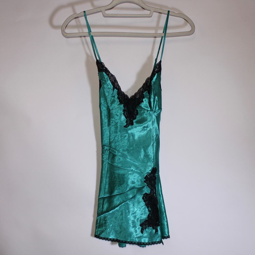 Vintage Fredericks Of Hollywood Shaping Teal Slip Dress With Black Lace And Slit